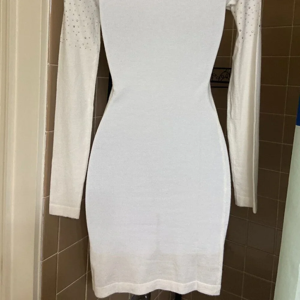 Bebe Long Sleeve White Rhinestone Sweater Mini Dress size XS New with Tags